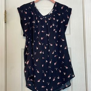 Navy flutter sleeve top with red and white flowers